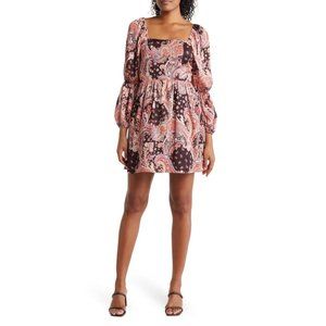 NSR NWT Floral Square Neck Mini Dress in Brown/Coral Paisley size XS